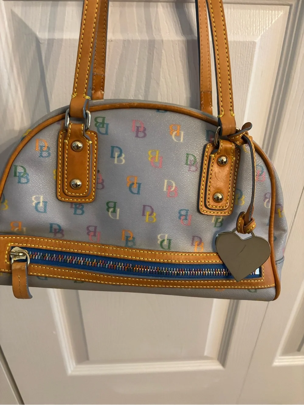 Vintage Y2K “IT” Bag-Dooney & Bourke Multicolor Logo Dome Satchel in Tan Trim